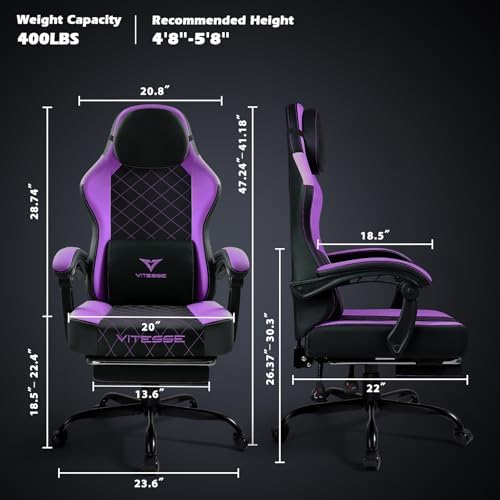 PUKAMI Gaming Chair with Footrest,Ergonomic Gamer Chair for Adults, Racing Style Reclining Computer Game Chair with Headrest and Lumbar Support (Purple)