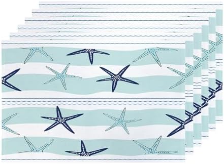 Shrahala Coastal Navy Blue Set of 6 12 X 18 Inch Linen Placemats, Coastal Starfish Repeat Pattern Navy Blue Turquoise Burlap Table Mat Washable Double Layered Heat Insulation for Indoor/Outdoor