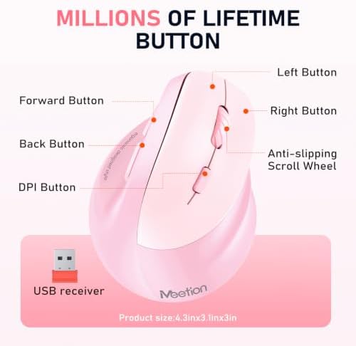 MEETION Ergonomic Wireless Vertical Mouse, Rechargeable, Pink