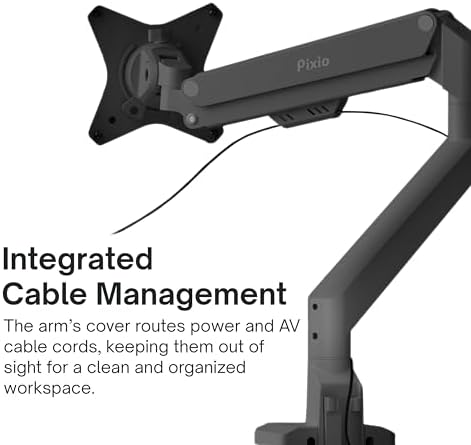 Pixio PS1S Wave Black Single Monitor Arm Stand Desk Mount - Fits up to 32 inches Monitors and up to 19.8lbs. VESA Compatibility and Integrated Cable Management