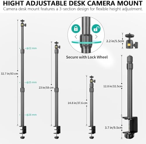 Camera Desk Mount Table Stand with Ball Head, Adjustable Light Stand with 1/4" Screw & C Clamp for DSLR Camera, Ring Light, Live Streaming, Photo Video Shooting