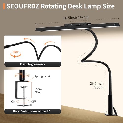 Black LED Desk Lamp, 24W Anti-Glare Eye-Caring Computer Light, Flexible Desk Light with Gooseneck, Memory Function with Auto-Dimming, Kids Desk Lamp with Clamp Base for College Dorm Room