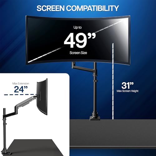 VIVO Pneumatic Arm Single Ultrawide Monitor Extra Tall Desk Mount for Up to 49 inch Screens, Heavy Duty Clamp, Holds Ultra Wides Up to 44 lbs, Black, STAND-V110K