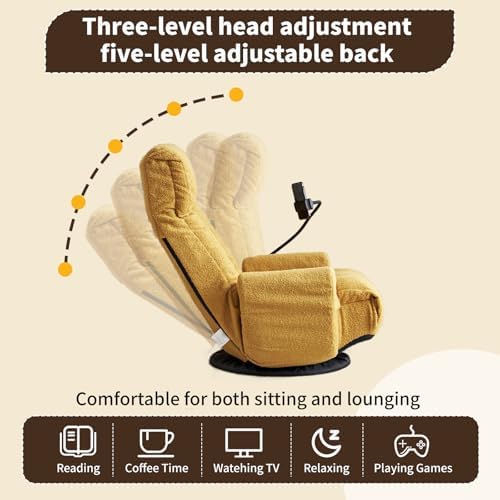 Swivel Lazy Floor Chair, Adjustable Reclining Floor Lounger with Head & Back Support and Phone Holder, Comfy Tatami Sofa Seat for Adults Bedroom & Gaming