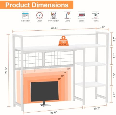 Snughome Desk Shelf, 38.6" Desktop Organizer Shelf, Desk Hutch for Computer Monitor, 4 Tier Desktop Display Rack with Pegboard Hooks Set, Wood Desk Bookshelf for Home Office Dorm, White