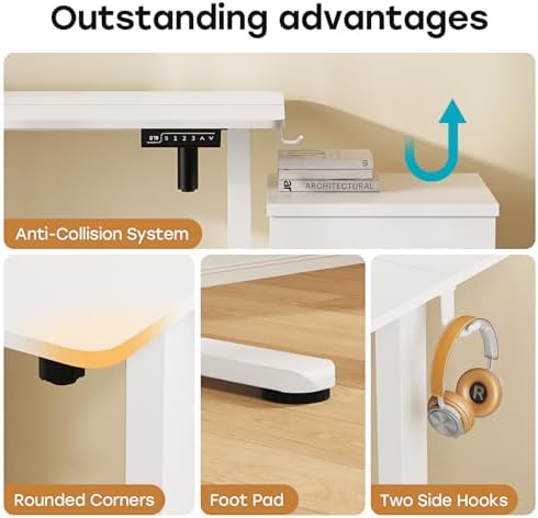 40" Electric Standing Desk, White Standing Desk with 2 Hooks