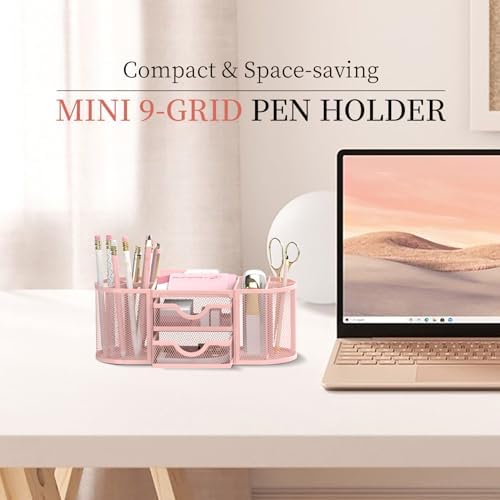 SUPEASY Mesh Desk Organizer, Pen Holder for Desk with 2 Drawers, Pink