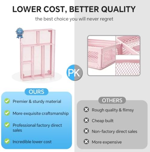 Desk Drawer Organizer, Office Drawer Divider Organizer Tray with 6 Compartments, Metal Mesh Desktop Organization and Accessories for Stationery Makeup Kitchen Toolroom School ＆Office (Large-Pink)