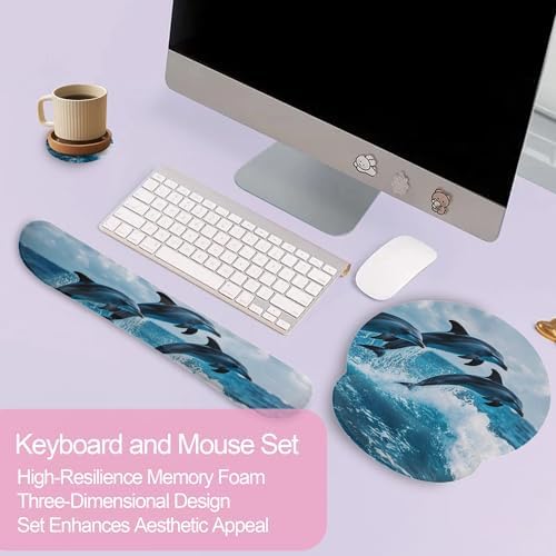 Dolphins in Ocean Ergonomic Wrist Support Keyboard Mouse Wrist Rest Set, Computer Office Comfortable Wrist Rest for Mouse Easy Typing