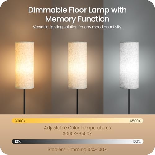 Set of 2 Slim Floor Lamps for Living Room with 2 Magnetic Remotes and Foot Switch, Dimmable Standing Lamp Mood for Bedroom Nursery, 3 Color Temperatures, 1-Hour Timer, 900LM Bulb Included, Beige Shade