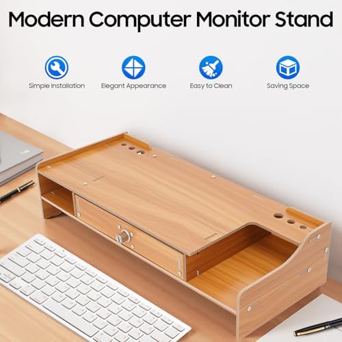 Monitor Stand Riser,Computer Monitor Stand,Monitor Stand Riser with Storage,Desktop Computer Monitor Stand,Multi-Purpose Desk Organizer Shelf,Computer Rack with Lockable Drawer,for Homes,Schools