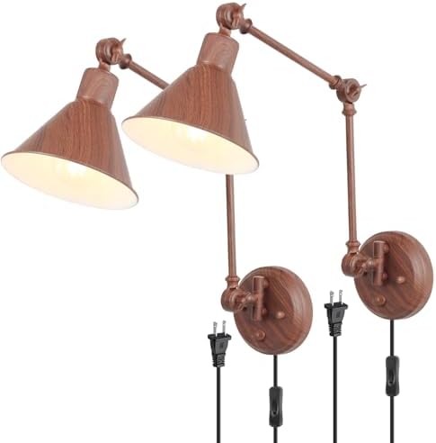 TRLIFE Plug in Wall Sconces, Dimmable Wall Sconces Set of 2 Plug in Swing Arm Wall Lights, Adjustable Wall Mounted Light Wall Lights with 6FT Plug in Cord, E26 Base(Two Arms, Walnut Color)