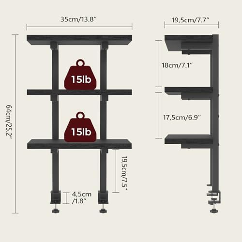 MAHANCRIS Clamp On Desk Organizer, 3-Tier Desktop Bookshelf, Adjustable Desk Storage Shelf, Metal Frame, for Office, Study and Game Room, Black DSBK3601