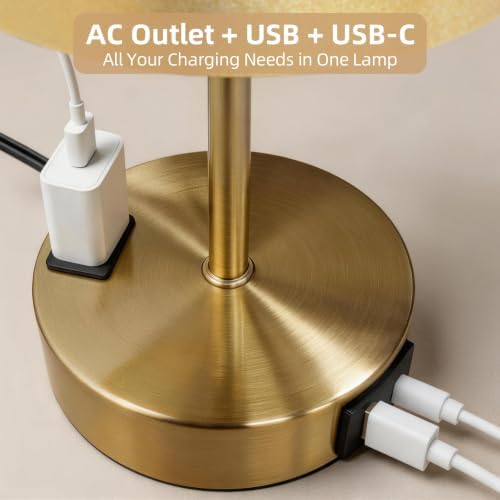 Bedside Table Lamp, Dimmable Touch, AC Outlet, USB A+C (Gold)