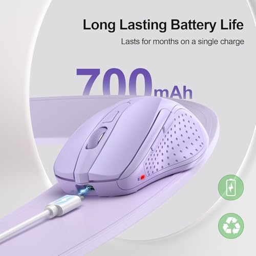 TECKNET Wireless Mouse, BT 5.0/2.4G, Rechargeable 6-DPI Silent, Lavender