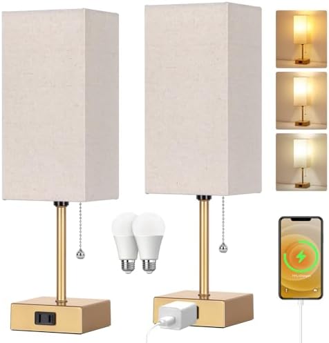 Table Lamp for Bedroom set of 2,3-Color Bedside Lamps with Pull Chain Gold