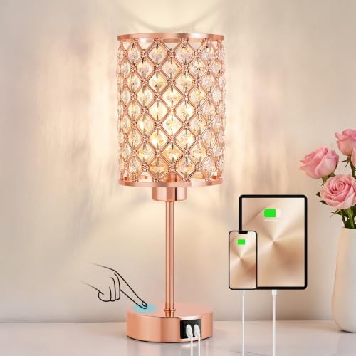 Crystal Table Lamp, Rose Gold Touch Lamp with USB C+A Port, 3-Way Dimmable
