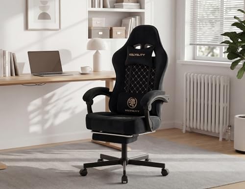 Office Desk Computer Gaming Chair for Adults, Ergonomic High Back Gamer Chair with Massage and Pocket Spring Cushion, Swivel Comfy Video Game Chairs with Footrest and Lumbar Support (Black Fabric)
