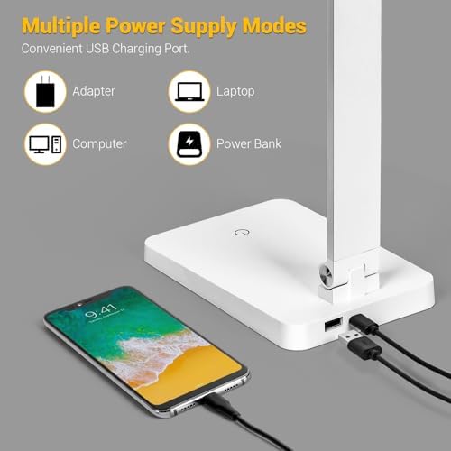 LED Desk Lamp for Home Office, 3 Levels Dimmable Desk Light with USB Charging Port, Reading Lamp for Table Study Work Office Nail Craft Puzzle, White, 5000K