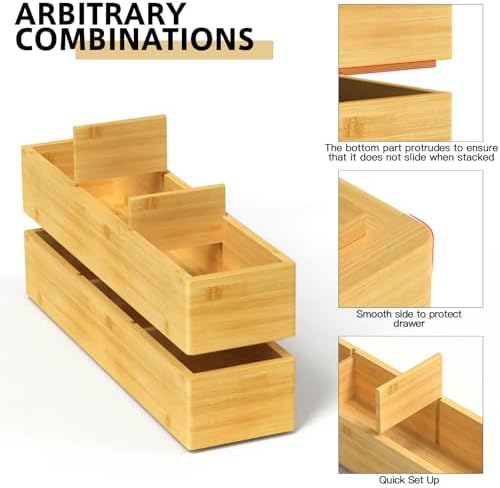 DUJEN 2 Pieces Bamboo Drawer Organizer 12.5'' X 6'' X 2'', Adjustable 2 Individual Junk Drawer organizer for Bathroom and Kitchen, Wood Drawer Organier Boxes for Jewellery, Make up and Tea Bag