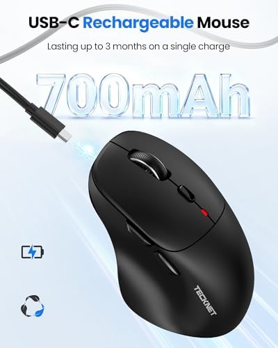 TECKNET Wireless Mouse Bluetooth 5.0/3.0 & 2.4G Rechargeable, Silent Clicks, Adjustable 4800 DPI, 6 Buttons, Ergonomic Design, Bluetooth Mouse for Laptop, Computer, ipad-Dark