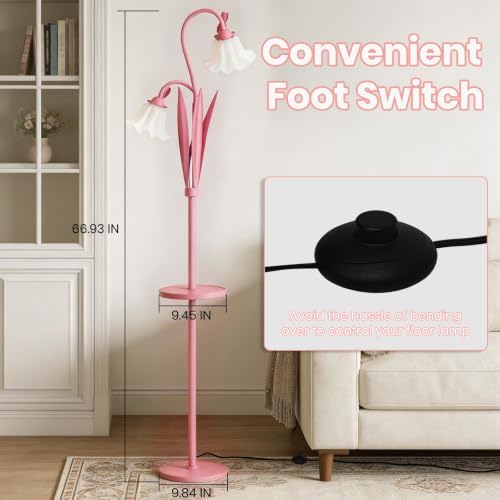 Pink Flower Floor Lamp with Table, Adjustable Floral Standing Lamp for Girl