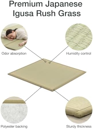 FULI Japanese Square Tatami Mat, 32x32x0.6 in, Natural, 4 Pieces, Igusa