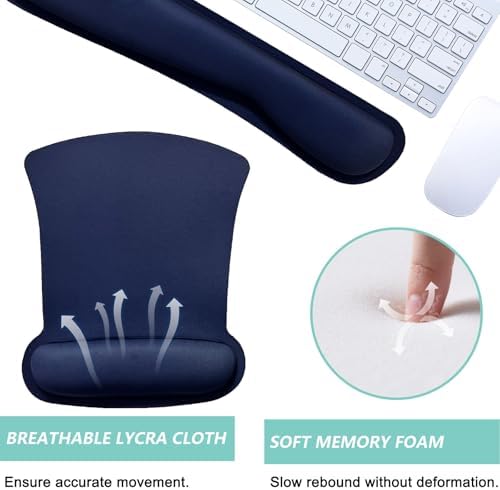 Keyboard Wrist Rest Pad Mouse Pad with Wrist Support Set of 3, Gaming Mousepad with Non-Slip Rubber Base, Ergonomic Memory Foam Mouse Cushion Support for Home Office Laptop Computer, Navy Blue