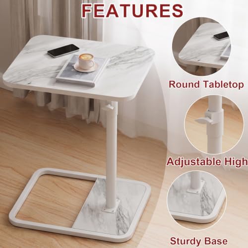 GOYLSER Large C Shaped Tv Trays Living Room End Table End Stand, White Marble Minimalist Wooden C Table for Sofa, Height Adjustable Tv Tray Tables Side Table for Dinner Eating