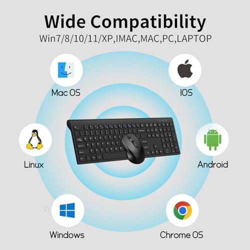 Wireless Keyboard and Mouse, Slim Full Size Keyboard with Calculator Button, Fn Lock, Silent Computer Mouse with Side Button, 2400 DPI, 2.4G USB Cordless Set for Laptop PC Windows Mac -Black