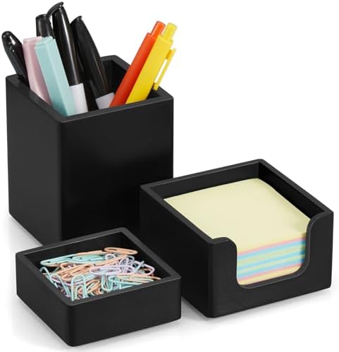 Black Desk Organizer Set of 3 - Wood Office Desk Accessories - Desk Organizers and Accessories for Women Men - Set incl. Pencil Pen Holder, Paperclip Storage and Sticky Note Holder