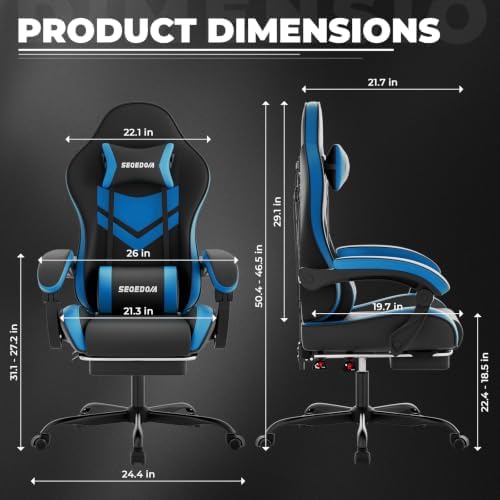 Gaming Chair with Footrest & Massage Lumbar Support, PU Leather Ergonomic High Back Swivel Height Adjustable Chair for Adults, Office Gaming, 300 lbs (Black Blue)