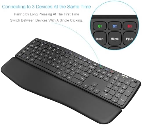 Arteck Bluetooth Keyboard Universal Wave Comfortable Keypad with Palm Rest Multi-Device Full Size Wireless Keyboard for Windows iOS iPad OS Android, Computer Desktop Laptop Surface Tablet Smartphone