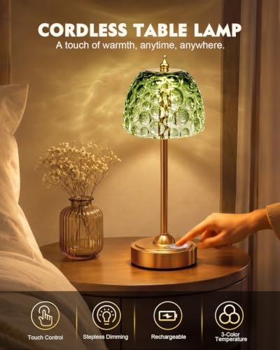 Nusogon Cordless Glass Table Lamp, 5200mAh Small Rechargeable Touch Lamp