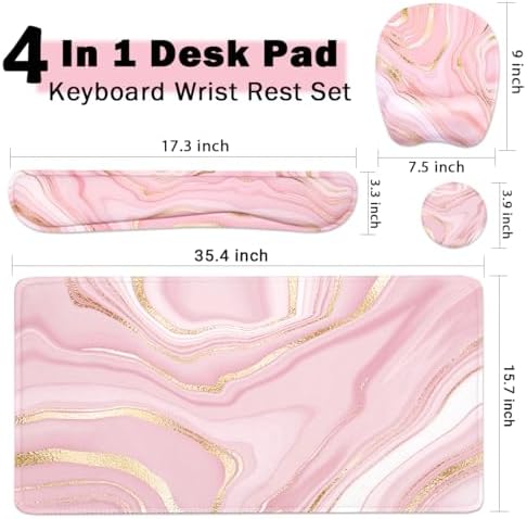Keyboard Wrist Rest Large Mouse Pad Wrist Support for Computer, 4 in 1 Memory Foam Keyboard Pad Desk Mat Ergonomic Hand Rest Wrist Cushion for Home Office Gaming - Pink Marble