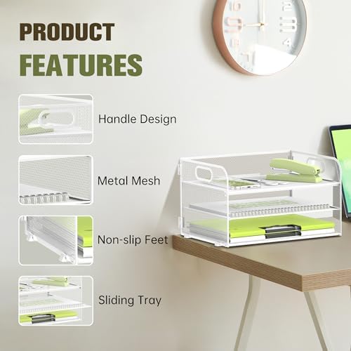 DALTACK 3 Tier Paper Organizer for Desk, Sliding Paper Trays, White