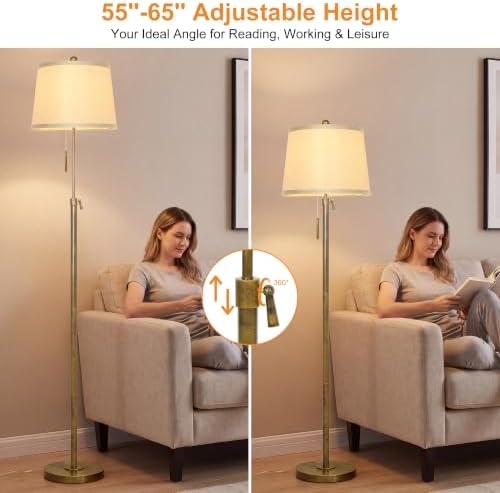 Antique Brass Floor Lamp Adjustable Height 55" to 65" Tall 3 Brightness Way