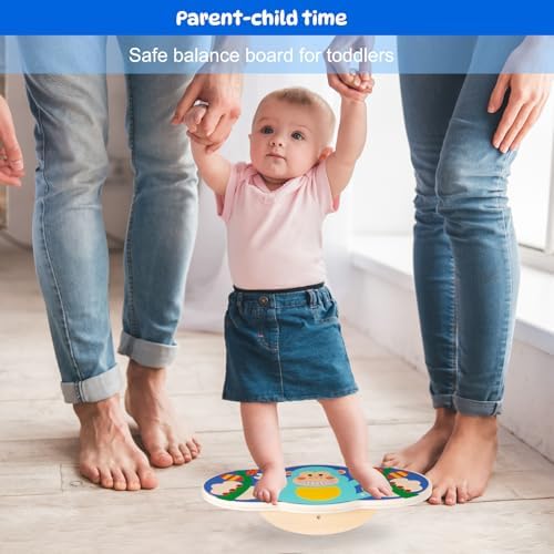 Balance Board for Kids, Wooden Wobble Rocker Board for Children, Capable of Bearing 123LB, Durable for Balance Training, Core Strength and Active Play, Bright Blue Monkey Pattern