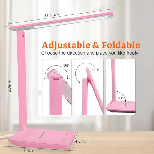 karidi LED Desk Lamp Dimmable Table Lamp with USB Charging Port, 5 Lighting Modes, Sensitive Control, Foldable Portable Desk Light for Home Office Bedroom Reading (Pink, Standard Size - 13.3 inch)