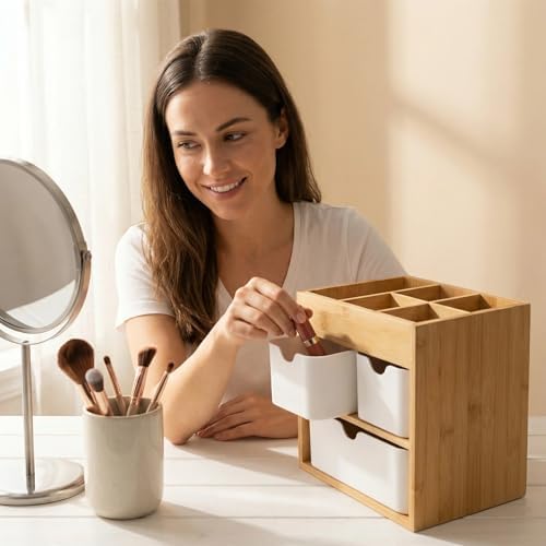 Small Bamboo Makeup Organizer（5.7" D x 8" W x 7.5" H）
