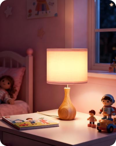 Pink Table Lamp, 14.2" Small Bedside Lamp, Modern Nightstand Lamp with Pink Linen Lampshade & Wood Bottle-Shaped Base, E26 Socket, Cute Desk Lamp for Girl's Room, Bedroom, MP09TL05