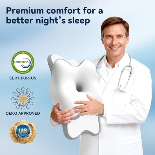 Ergo Pillow for Sleep Apnea, Neck Pain & Snoring Relief, Cervical Neck Pillow for Side Sleeper,Orthopedic Memory Foam w/Ergonomic Neck Support, Medium Soft (White, Queen Size)
