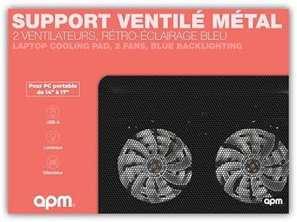 APM Ventilated Laptop Stand, Durable Metal Structure, 2 Silent Fans with Blue LED, Efficient Cooler for 12 to 17 inch Laptop, Adjustable Height 571929