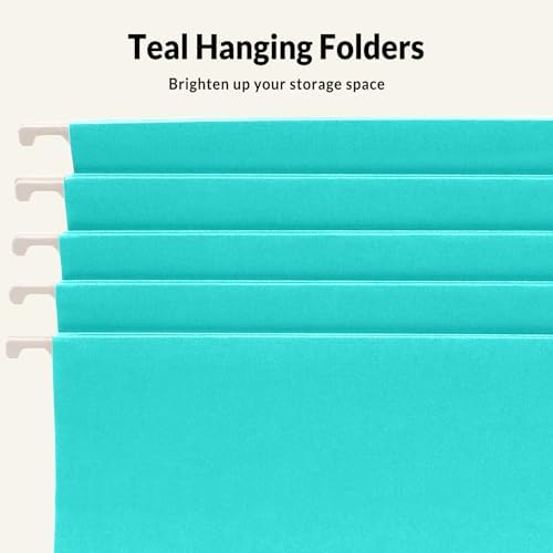 SUNEE Hanging File Folders Teal, 25 Pack Letter Size File Folders with 1/5-cut Tabs, Stay Organized for Your Home and Office Bulk File and Documents