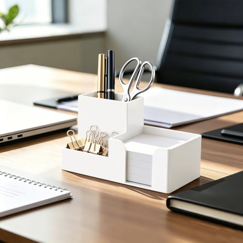 HBlife Acrylic Pen Holder for Desk, 3-Compartment Small Desk Organizer, White Office Supplies Desk Accessories with Sticky Notes Holder Stores Post It Notes 3X3 for Office, Home and School