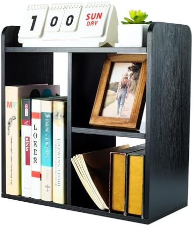 TQVAI Wood Desktop Bookshelf, 3 Cube Storage Unit Multipurpose Open Storage Shelves for Books, Office Supplies, Plants and Decor, Freestanding Desk Shelf Organizer for Office Home Study Room, Black