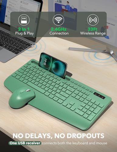 Wireless Keyboard and Mouse Combo - Full-Sized, Ergonomic Wrist Rest