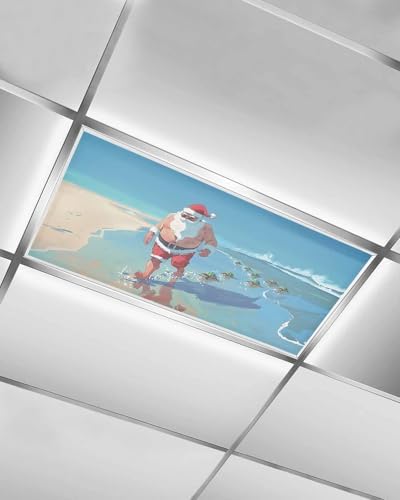 Beach Christmas Magnetic Fluorescent Light Covers for Ceiling Lights 2 x 4 Feet,Coastal Ocean Turtle Santa Claus Blue Office Classroom Kitchen Drop Ceiling Light Covers Filters Shade Panel 1 Pack