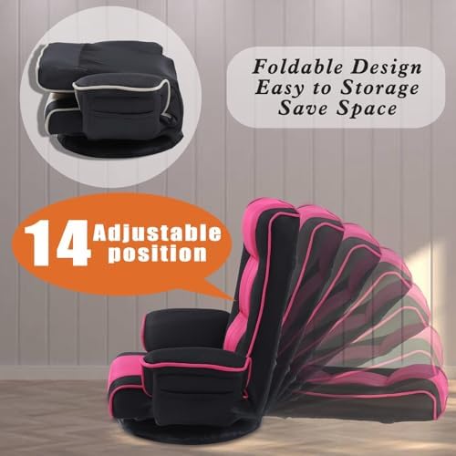360° Swivel Floor Chair with Armrests, 14-Position Adjustable Floor Lounger for Adults, Foldable Reclining Chair for Living Room & Bedroom