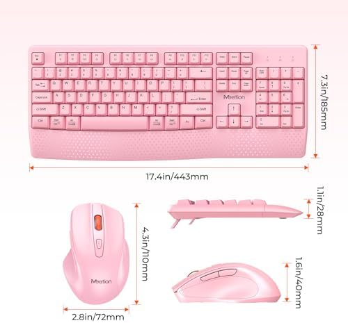 MEETION Wireless Keyboard and Mouse Combo, Full-Size with Wrist Rest, Pink